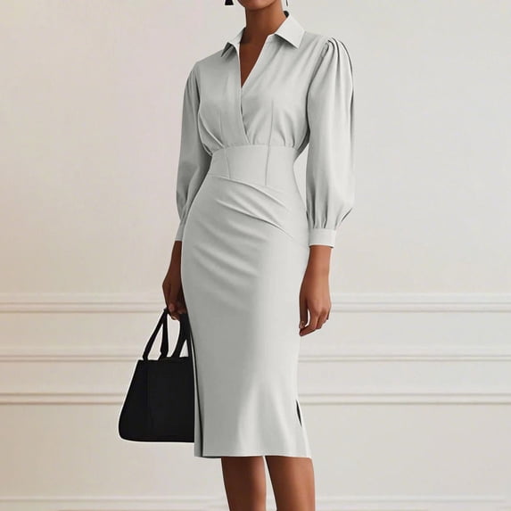 Sentmoon Fall Maxi Dresses for Women Solid Color Long Sleeve Collared Sun Dresses for Women Pleated Slim Maxi Dress Summer