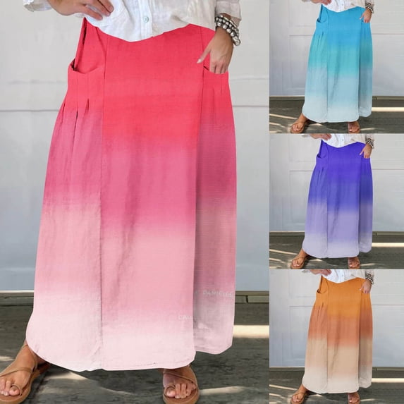 Sentmoon Fall Skirt Plus Size High Waist Boho Pleated Skirts for Women with Pockets Flowy Beach Gradient Color Loose Breathable Skirts Comfy Winter for Weekend Brunch Yellow XXL