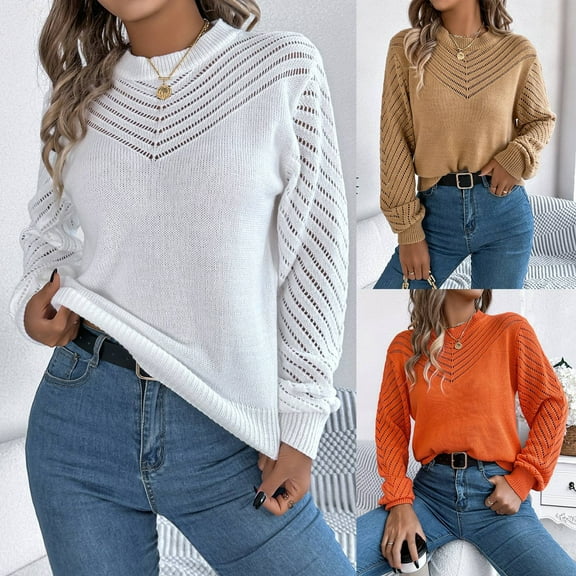 Sentmoon Fall Sweaters Round Neck Long Sleeve Solid Color Women Tops Oversized Lightweight and Warm Loose Sweat Shirt Casual Fall and Winter for Cozy Night in Sweater Orange XL