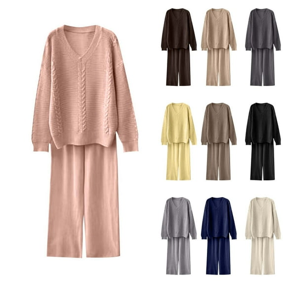 Sentmoon Fall Two Piece Sets for Women Womens Top and High Waisted Dress Pants Oversized Long Sleeve V Neck T-Shirts Relaxed Solid Color Womens Fall Clothing for Winter Business Travel