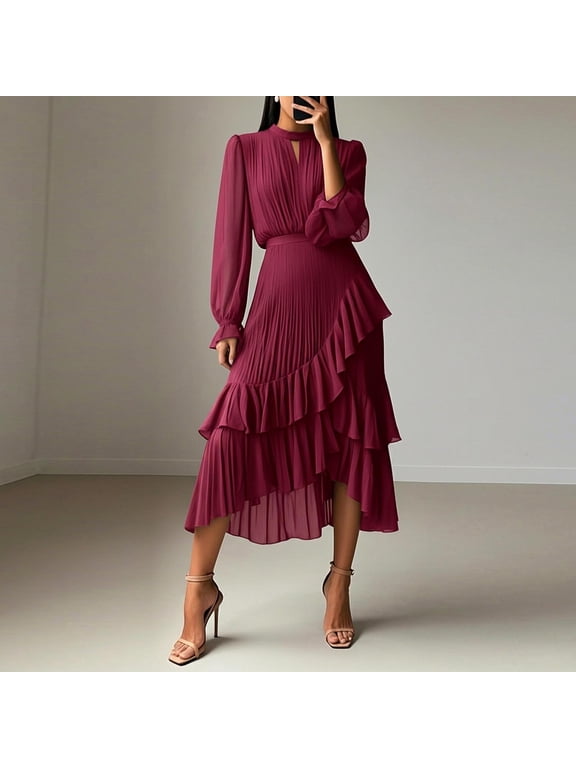 Fall Wedding Guest Dresses Solid Color Long Sleeve Crew Neck Dresses Ruffle Relaxed Fit Evening Dress for Beach and Vacation