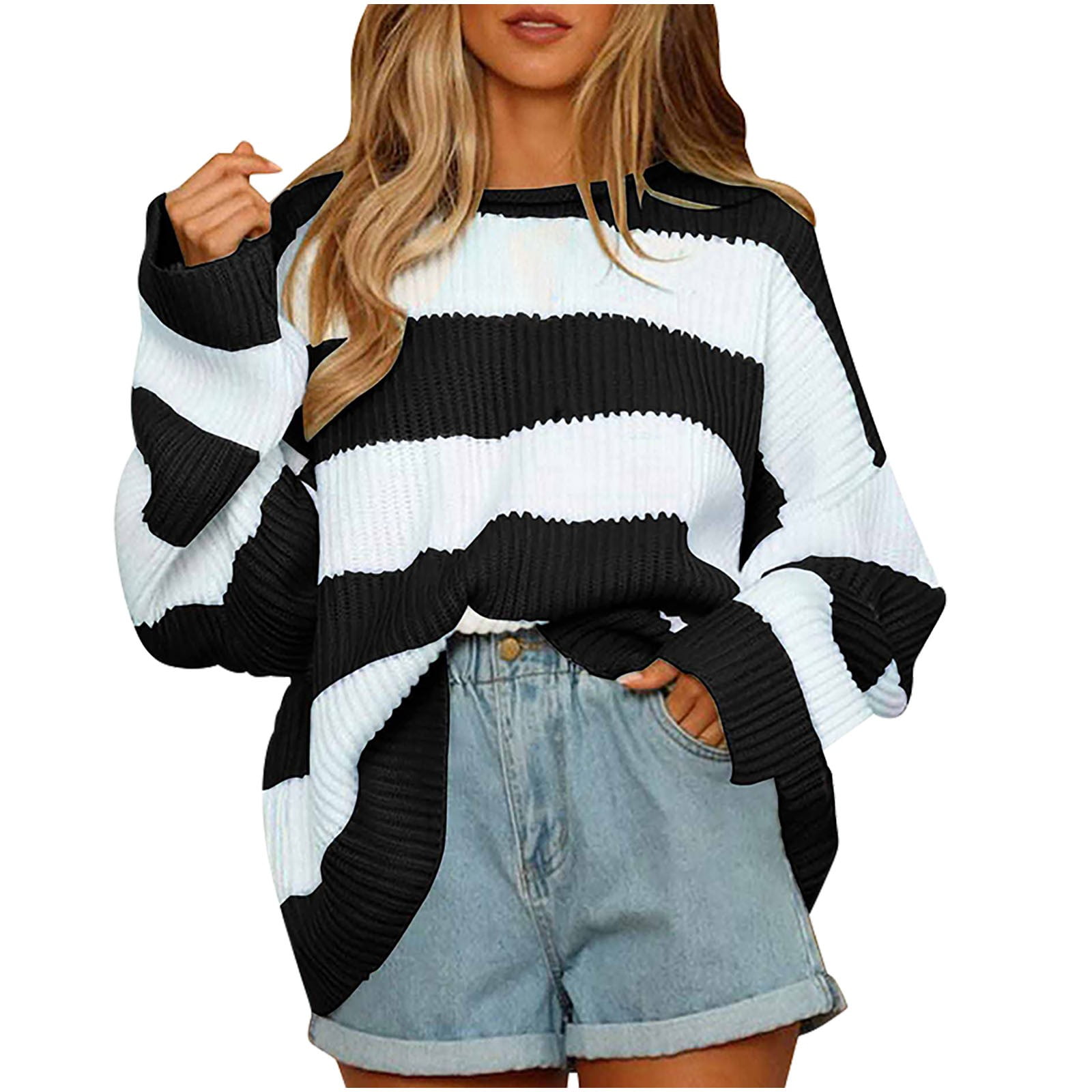 Women's Cable Stitch Zig Zag Stripe Long Sleeve Sweater - 100% Cotton, Colorblock Pullover