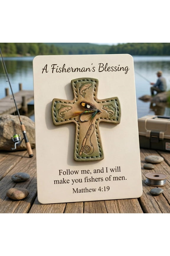 Fly Fishing Lapel Pin Leather Backing Fisherman's Blessing Matthew 4:19 Inspirational Metal Pin Religious Gift For Anglers Pastor Father Husband Keepsake