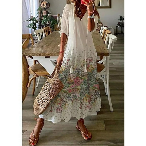 Sentmoon Formal Dresses for Women Elbow-Length V-Neck Geometric Print Summer Maxi Dresses with Tassel Loose Flowy Swing Beach Tunic Dress Summer Saving