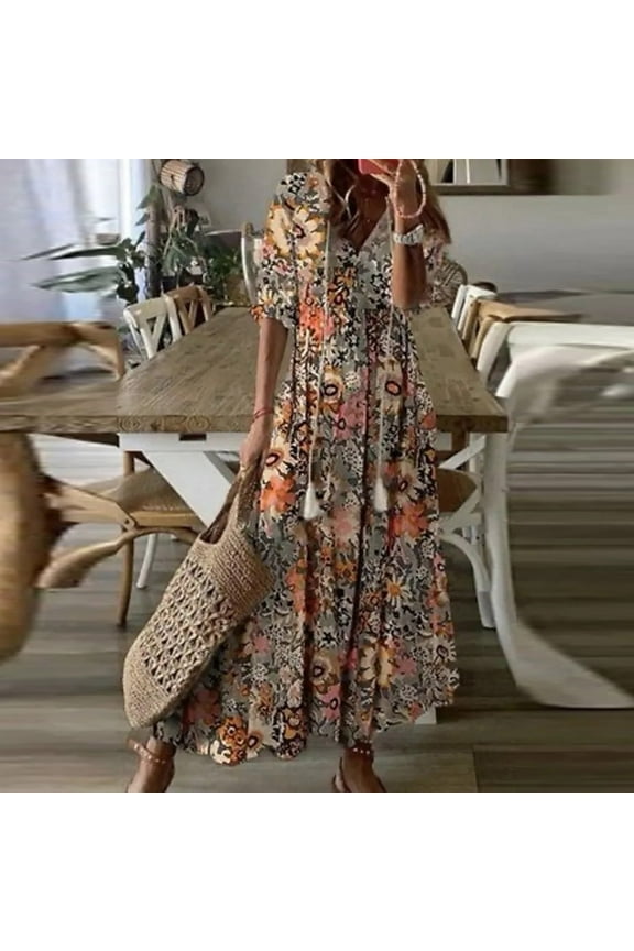 Sentmoon Formal Dresses for Women Elbow-Length V-Neck Geometric Print Summer Maxi Dresses with Tassel Loose Flowy Swing Beach Tunic Dress Summer Saving
