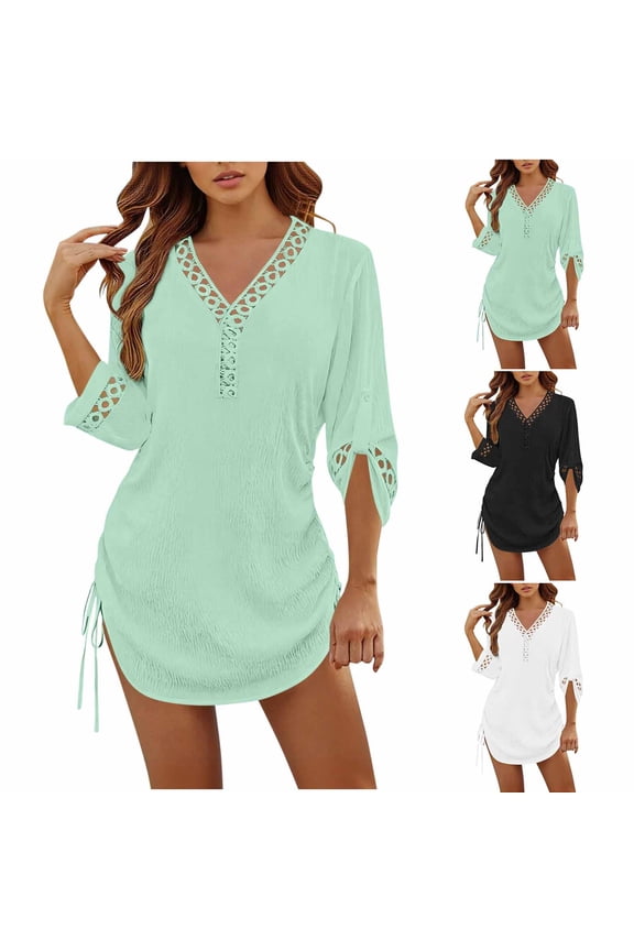 Formal Evening Dress Casual Dresses for Women Summer 2026 Solid Color V Neck Lace Loose Fit Tropical Dresses for Women for Nightlife and Dancing S-XXL