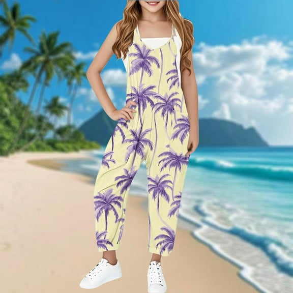Sentmoon Girls Overalls Spaghetti Strap Sleeveless Loose Jumpsuits V Neck Hawaiian Palm Tree Print Summer Outfits with Pockets Trendy Child for Weekend Brunch Beige 11 Years