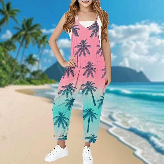Sentmoon Girls Overalls Thin Strap Sleeveless Loose Jumpsuits V Neck Hawaiian Palmshadow Print Summer Outfits with Pockets Fashion Kids for Tropical Vacation Pink 11 Years