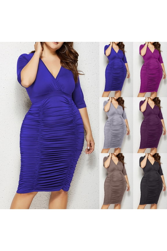 Going out Dress Active 2026 Summer Solid Color Womens Dresses Casual V Neck Beach Pleated Breathable Loose Fit Plus Size Vacation Dress for Date Night and Dinner Coffee L