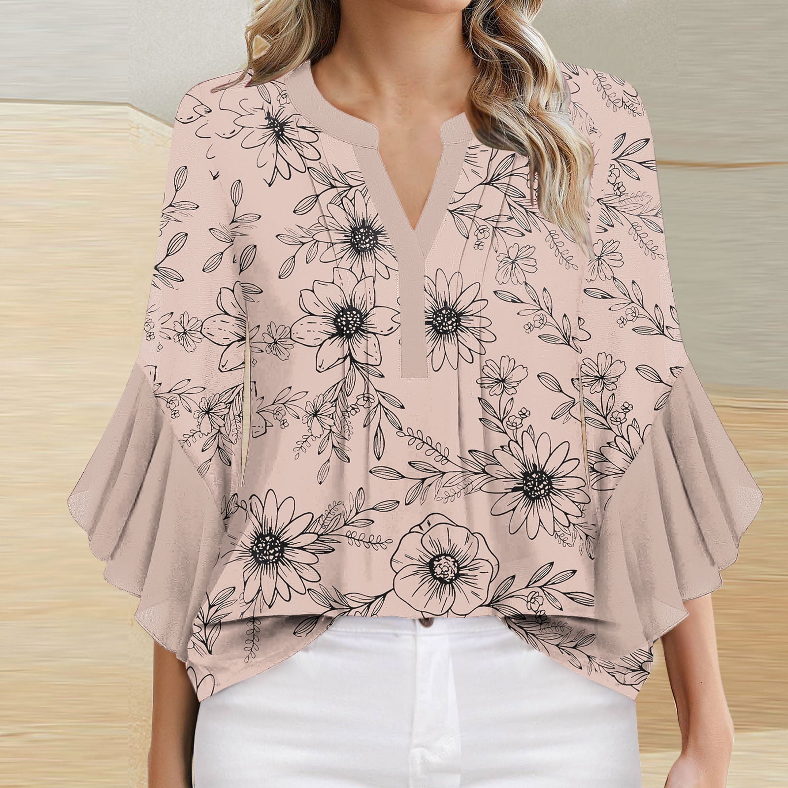 HOULENGS Women's Ruffle Short Sleeve V-Neck Top - 2025 Summer Casual Pleated Blouse For Work & Vacation