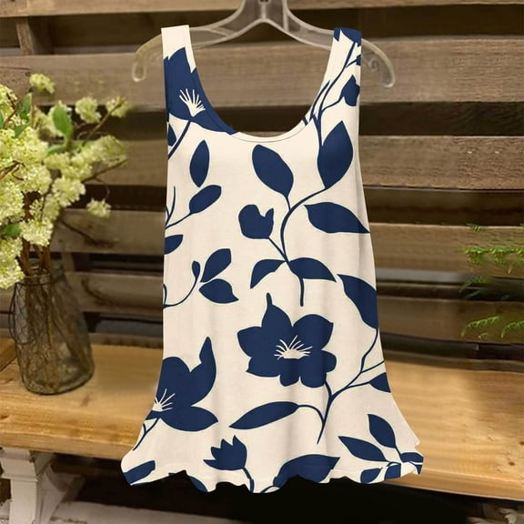 Sentmoon Going out Tops Scoop Neck Tank Tops for Women Relaxeds Fit Vines Print Flowy Sleeveless Tshirts Shirts 2025 Summer Trendy Teen Girls for Beach Vacation Blue S