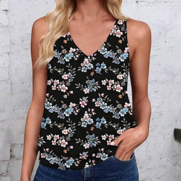 Sentmoon Going out Tops Sleeveless V Neck 2025 Summer Tank Top for Women Loose Floral Print Boho Hawaiian Shirt Soft and Comfortable Ladies for Lounge at Home Black M