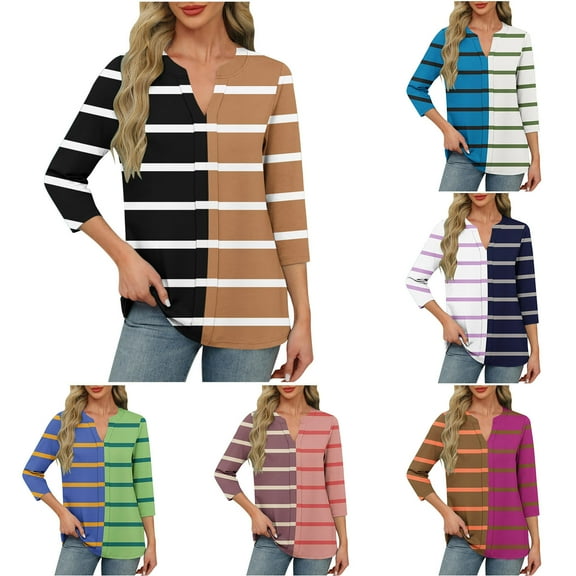 Sentmoon Graduation Outfits for Women 2025 3/4 Length Sleeve Oversized V Neck Breathable Tunic Tops Stripe Print Loose Blouses Casual for Beach Vacation Black S