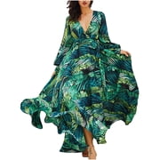 Sentmoon Hawaiian Dresses for WomenV-Neck Beach Dresses Long Sleeve Summer Dresses for Women Solid Color Dresses for Women Casual 2022