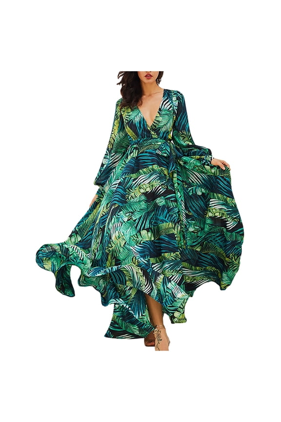 Sentmoon Hawaiian Dresses for WomenV-Neck Beach Dresses Long Sleeve Summer Dresses for Women Solid Color Dresses for Women Casual 2022