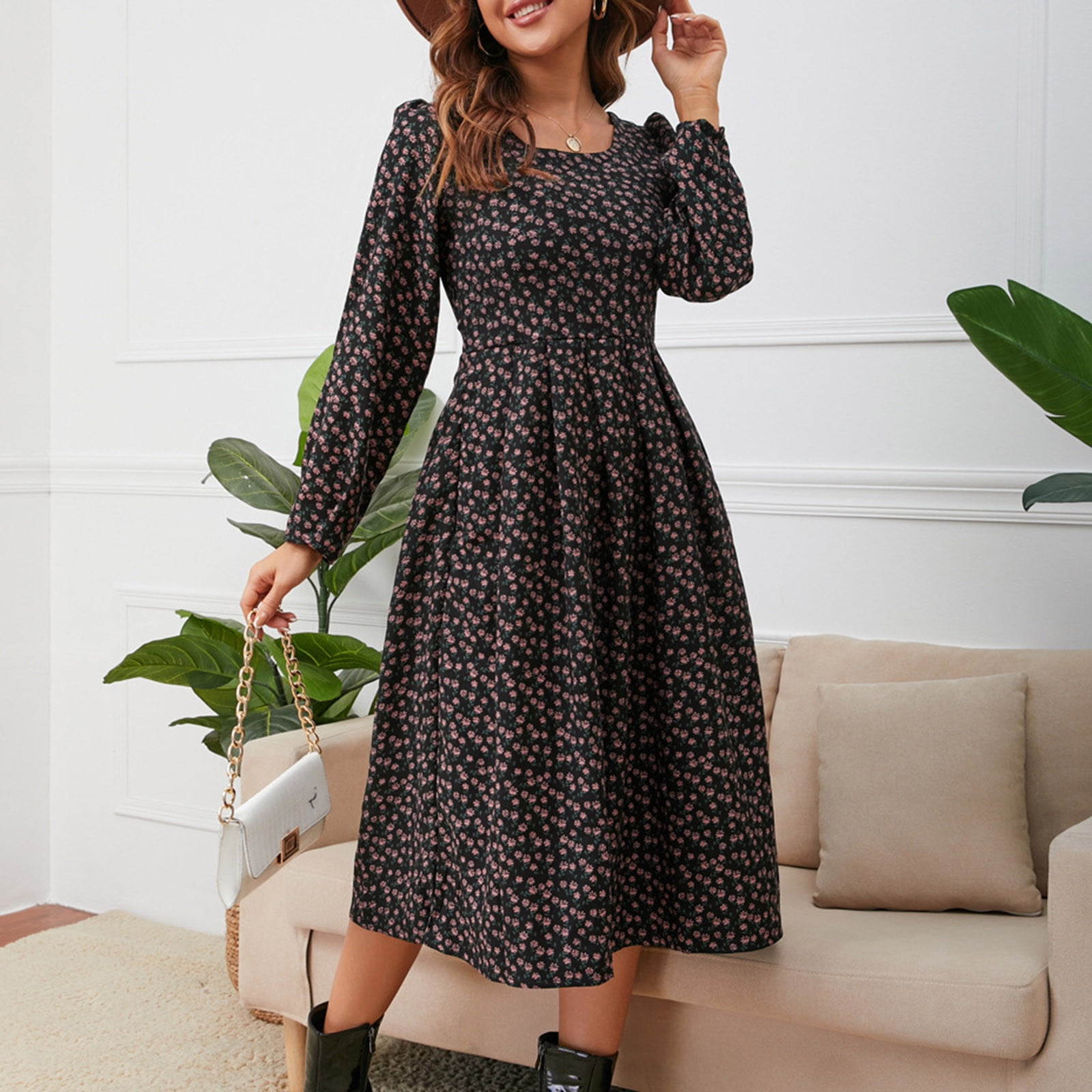 Sentmoon High Waist Womens Dresses Long Sleeve Square Neck Holiday ...