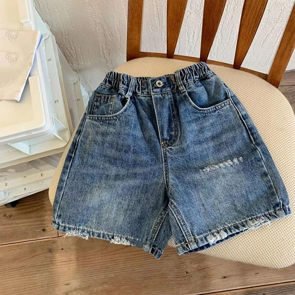 Sentmoon High Waisted Jeans for Girls Elastic Waist Ripped Denim Shorts Loose Wide Leg Summer Comfy Solid Color Bermuda Shorts Side Pockets for Children Traveling or Casual Hangouts Blue 11 Years