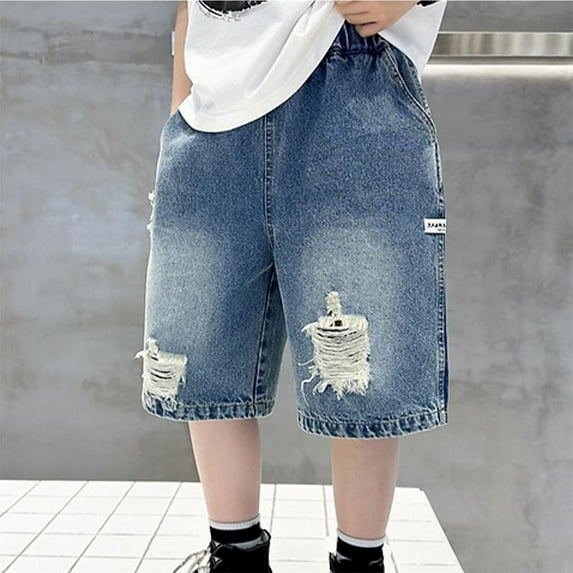 Sentmoon High Waisted Jeans for Girls Ripped Denim Shorts Straight Wide Leg Summer Stylish Solid Color Board Shorts with Pockets for Child Leisure Wear Light Blue 5 Years