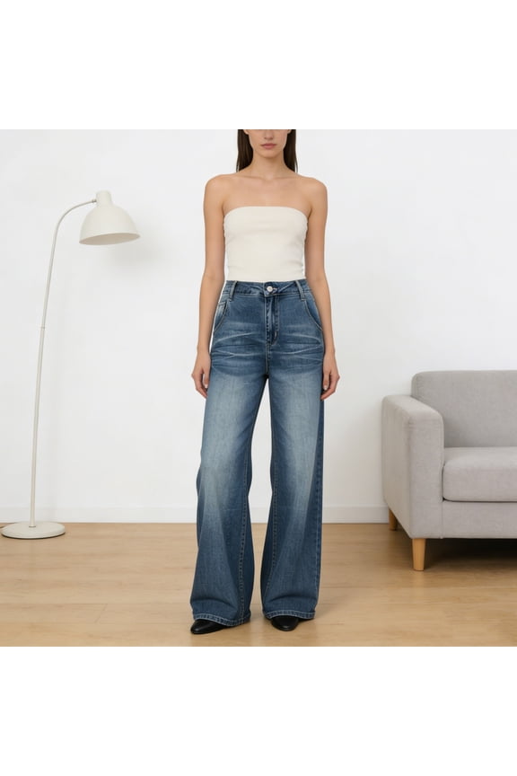High Waisted Wide Leg Jeans Fashion Wide Leg Jeans Pants Vintage Washed White Look Loose Straight Fit Full Length Denim Trousers for Spring Summer Daily Wear S-2XL
