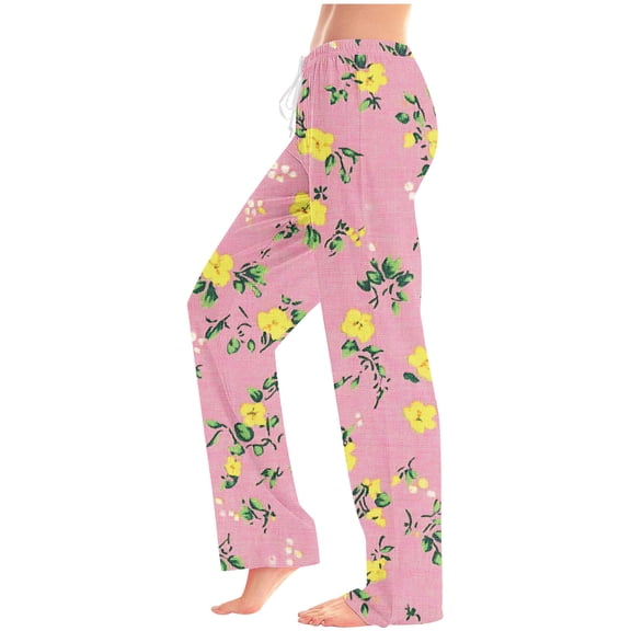 Sentmoon Hiking Pants Women Elastic Waist Drawstring Floral Print Palazzo Pants Loose Fit Wide Leg Side Pockets Baggy Trouser Fashion Lady for Runs Workouts Pink XL