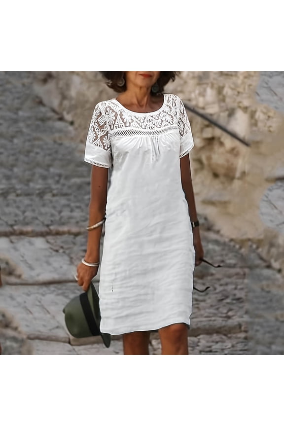 Homecoming Dresses Summer Solid Color Beach Dress Crew Neck Short Sleeve Elegant Lace Breathable Spring Dress Beach Accessories Must Haves for Daily and Commute White XL