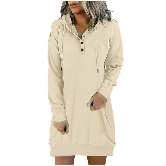 Sentmoon Hoodies Sweatshirt Dress Fall Dresses for Women 2024 Casual Fashion Solid Color Short Dresses,OverSized Stylish Women Clothing Beige XL
