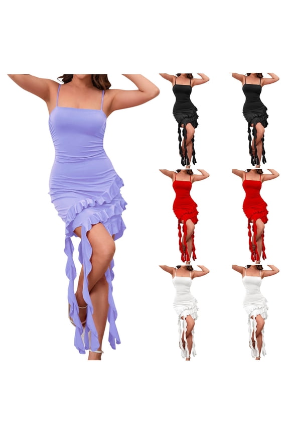 Interview Dress Regular Fit Sleeveless Square Neck 2026 Long Summer Dress Ruffle Spaghetti Strap Boho Dress Soft and Comfortable for Going Out and Party Red L
