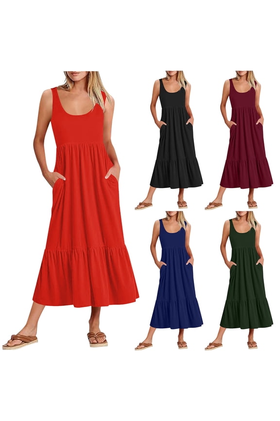 Interview Dress Work Pleated Breathable Regular Fit Casual Dress Summer 2026 Sleeveless V Neck Dress for Women with Pockets Vacation for Going Out and Party Black XXL