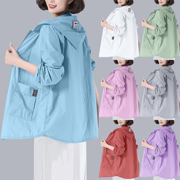 Sentmoon Jackets for Women Cooling Rash Guard Solid Color Long Sleeve Hooded Neck with Zipper with Pockets Soft Regular Fit Sun Protection Clothing Women for Fishing and Outdoor M