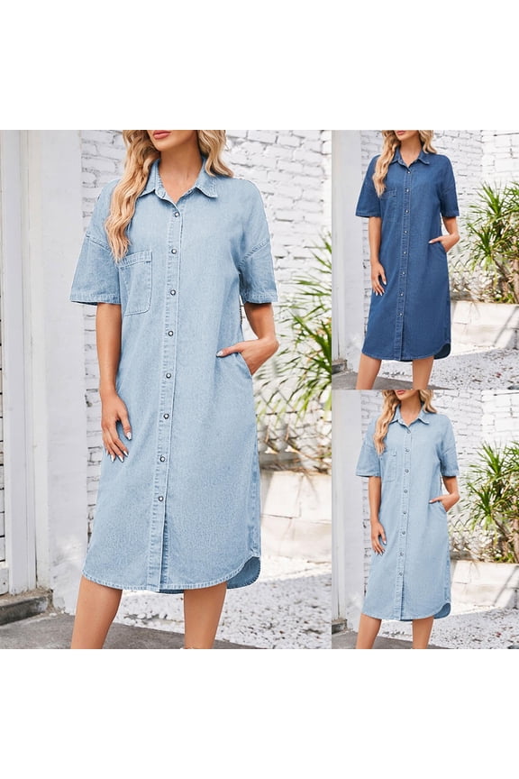 Jean Dress for Women Streetwear Short Sleeve Lapel Homecoming Dress 2026 Summer Button Down Denim Regular Fit Wedding Guest Dress for Lounge and Relax Blue L