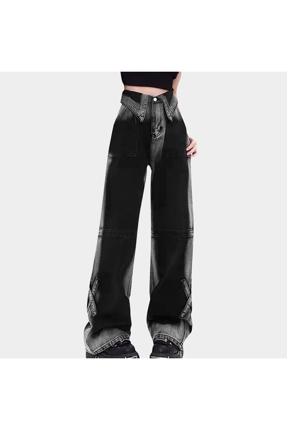 Jeans for Women Active Color Block Jeans Pants High Waisted Contrast Panel Design Straight Leg Full Length Denim Trousers for Casual Street Wear S-5XL
