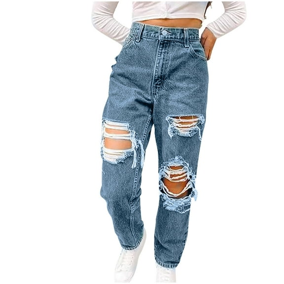 Sentmoon Jeans for Women High Waist Loose Fit Wide Leg Baggy Pants with Pockets Ripped Solid Color Zipper Denim Jeans Casual Lady for Casual Hangouts Light Blue XXL