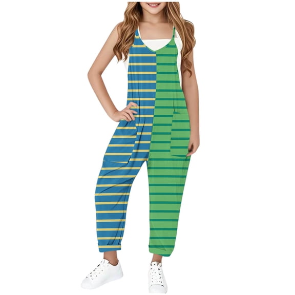 Sentmoon Jumpsuits for Girls Dressy Spaghetti Strap Sleeveless Loose Rompers V Neck Stripe Print Summer Outfits with Pockets Fashion Kids for Music Festival Green 7 Years