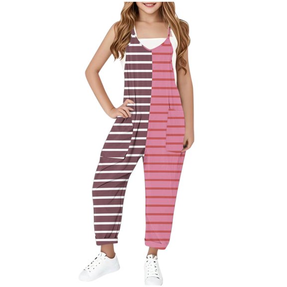 Sentmoon Jumpsuits for Girls Dressy Spaghetti Strap Sleeveless Loose Rompers V Neck Stripe Print Summer Outfits with Pockets Fashion Kids for Music Festival Pink 7 Years