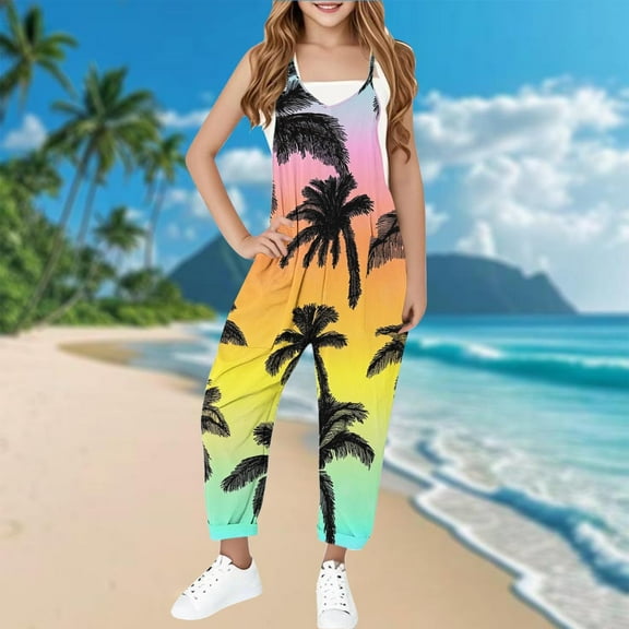 Sentmoon Jumpsuits for Girls Dressy Spaghetti Strap Sleeveless Regular Rompers V Neck Hawaiian Palmshadow Print Summer Overalls with Pockets Casual Girls for Lounge at Home Yellow 12 Years