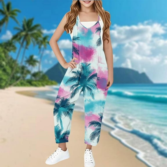 Sentmoon Jumpsuits for Girls Dressy Thin Strap Sleeveless Regular Rompers V Neck Hawaiian Palmshadow Print Summer Outfits with Pockets Trendy Child for Tropical Vacation Blue 11 Years