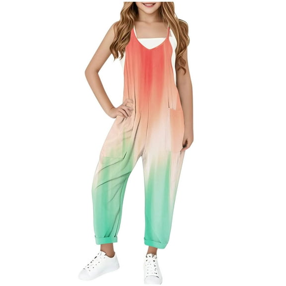 Sentmoon Jumpsuits for Girls Spaghetti Strap Sleeveless Regular Rompers V Neck Gradient Pattern Print Summer Overalls with Pockets Comfy Kids for Music Festival Orange 11 Years