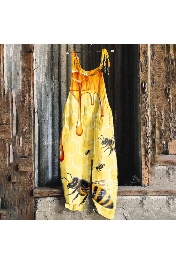 Jumpsuits for Women Petites Bee Print Loose Wide Leg Overalls Side Pockets Adjustable Thin Strap Crew Neck Sleeveless Bib Rompers Summer Bee Festival Women's for Lounge at Home Yellow XL