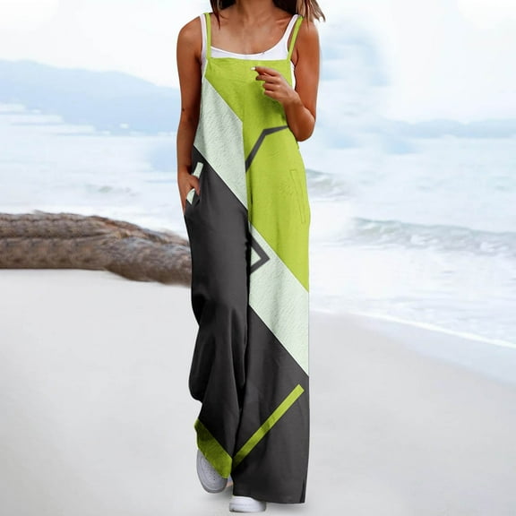 Sentmoon Jumpsuits for Women Petites Graphic Print Loose Wide Leg Overalls Side Pockets Thin Strap Square Neck Sleeveless Baggy Rompers Summer Lightweight Womens for Beach Vacation Purple S