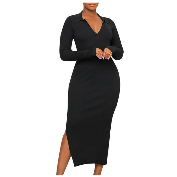 Sentmoon Knotted Black Dresses for Women Long Sleeve Lapel Fall Dresses for Women 2024 Backless Fashion Solid Color Maxi Dresses,Fit & Flare Workout A-line Dresses Black XXL