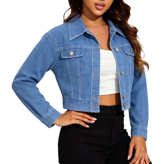 Sentmoon Light Jackets for Women Solid Color Long Sleeve Cropped Denim Jacket Casual Button Up Jean Trucker Coat for Spring Autumn S-2XL