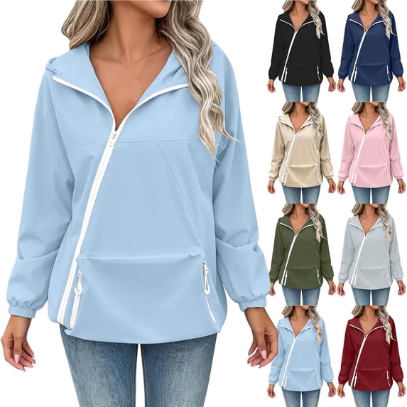 Sentmoon Light Weight Jacket Windproof Hooded Neck Fall Jackets for Women 2026 Trendy Lined Long Sleeve with Zipper Fall Coats with Pockets for Commuting Work City Walks Weekend Trips