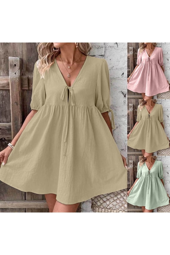 Linen Dress V Neck Short Sleeve Formal Dresses for Women Solid Color Loose Fit Summer Plus Size Boho Dresses Delightful Beach Items for Beach and Lounging White M