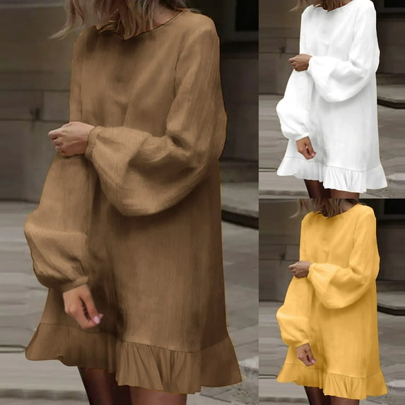 Sentmoon Linen Dress Women Long Sleeve Crew Neck Womens Casual Fall Dresses Button Down Solid Color Loose Oversized Vintage Dress for Women Stylish for City Sightseeing in Fall Yellow XL