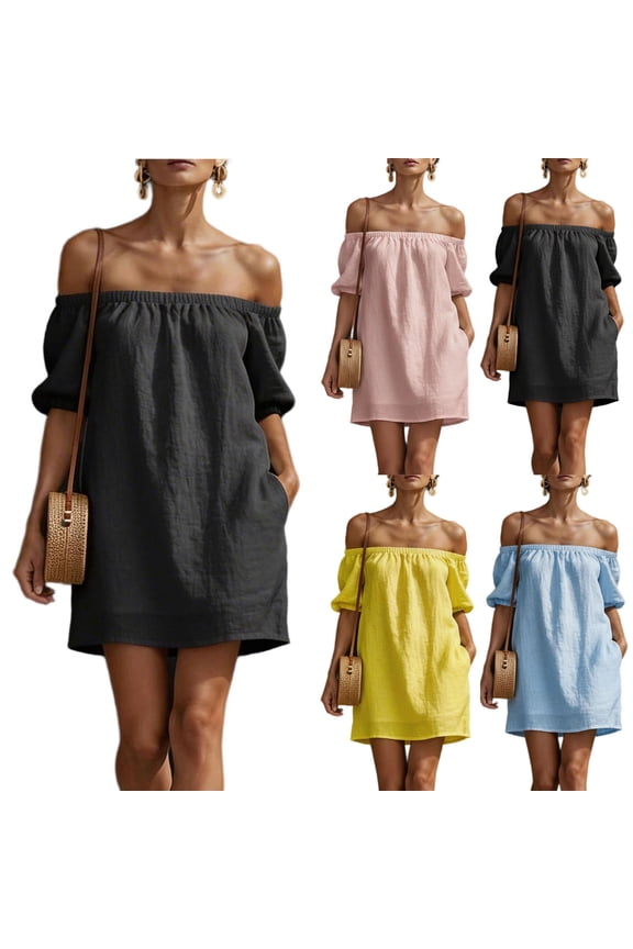 Linen Dress Women Women Dress Summer 2026 Solid Color Short Sleeve Off The Shoulder Regular Fit Maxi Dress for Women with Pockets for Professional and Smart Casual S-XXL