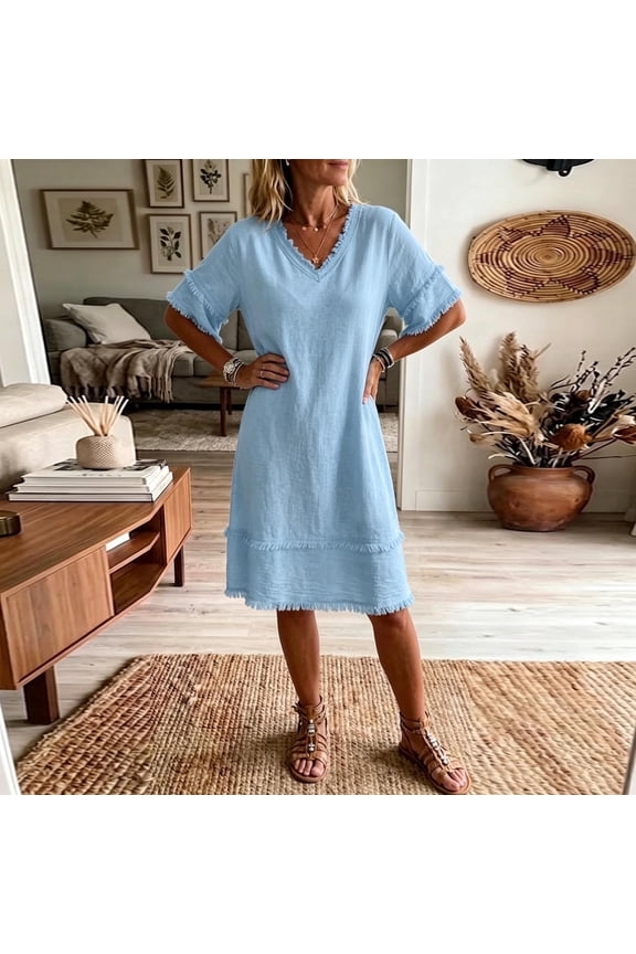 Linen Dress Womens Dresses Summer with Pockets Regular Fit 2026 Solid Color Short Sleeve V Neck Tassel Vacation Dresses for Party and Festival S-2XL