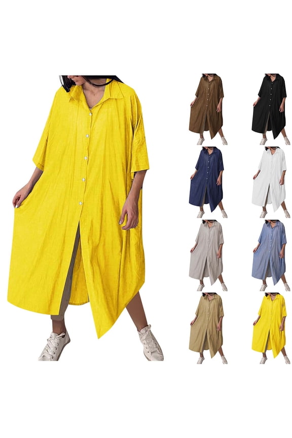 Linen Dresses Collar Short Sleeve Wedding Guest Dress Cocktail Solid Color Relaxed Fit Button Womens Summer Dresses Comfy Beach Essentials for Family for Travel and Outdoor