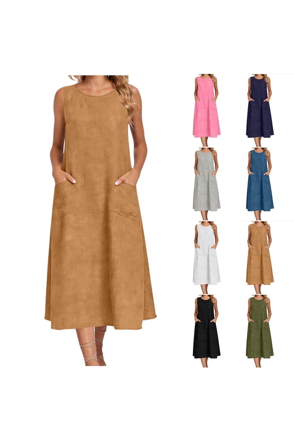 Linen Dresses for Women 2026 Spring Break Dresses Summer Solid Color Sleeveless Crew Neck with Zipper Regular Fit Graduation Dress with Pockets for Going Out and Party