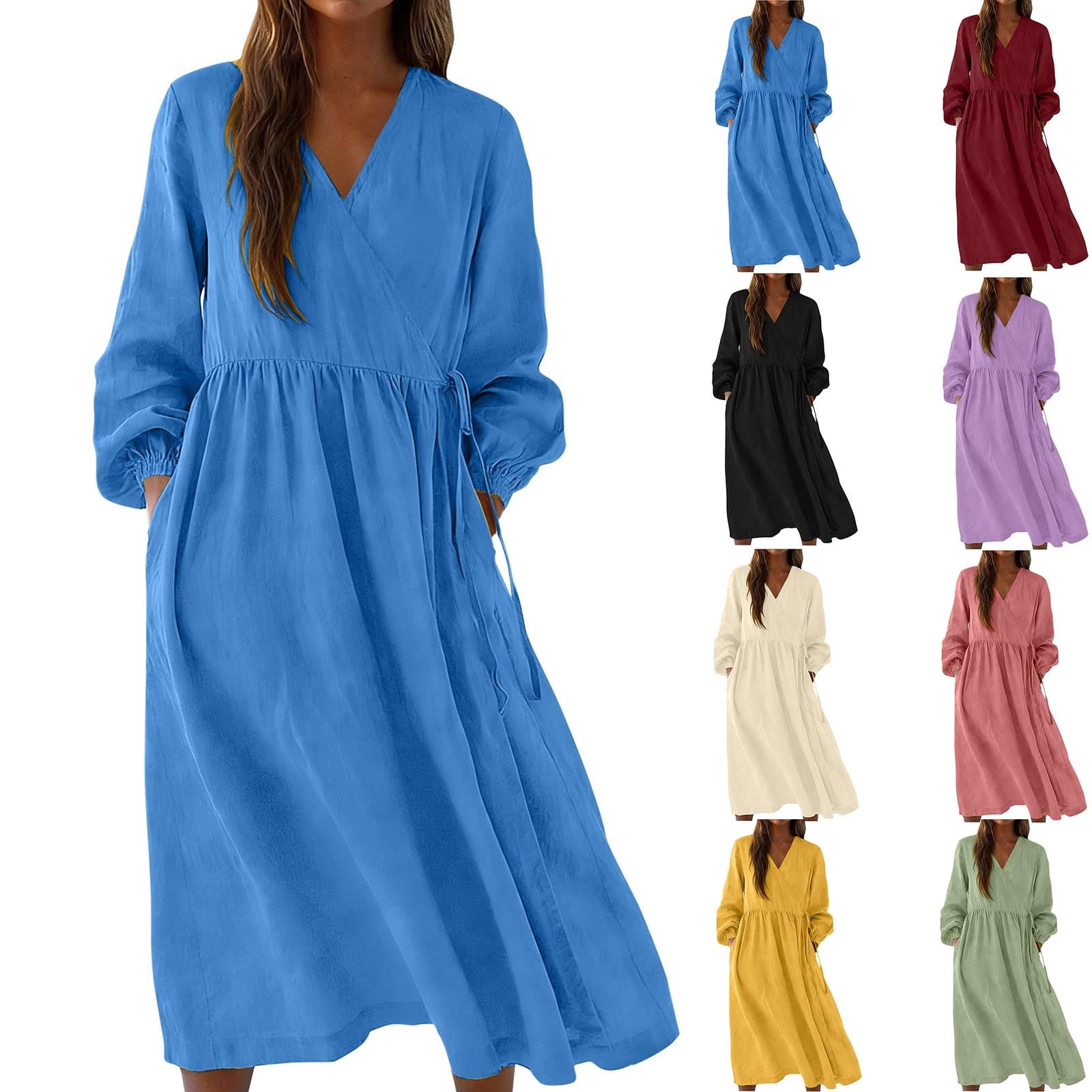 Sentmoon Linen Dresses for Women 2026 Summer Trendy Solid Color V Neck Work Dresses for Women Stretchy Regular Fit for Daily and Commute L