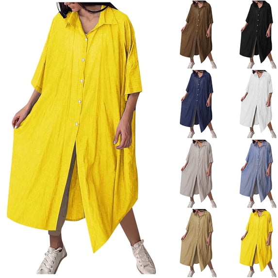 Sentmoon Linen Maxi Dress Collar Short Sleeve Sun Dresses Women Solid Color Loose Fit Button Summer Plus Size Cocktail Dress for Women Trendy Hawaii for Summer and Vacation Brown XXXL